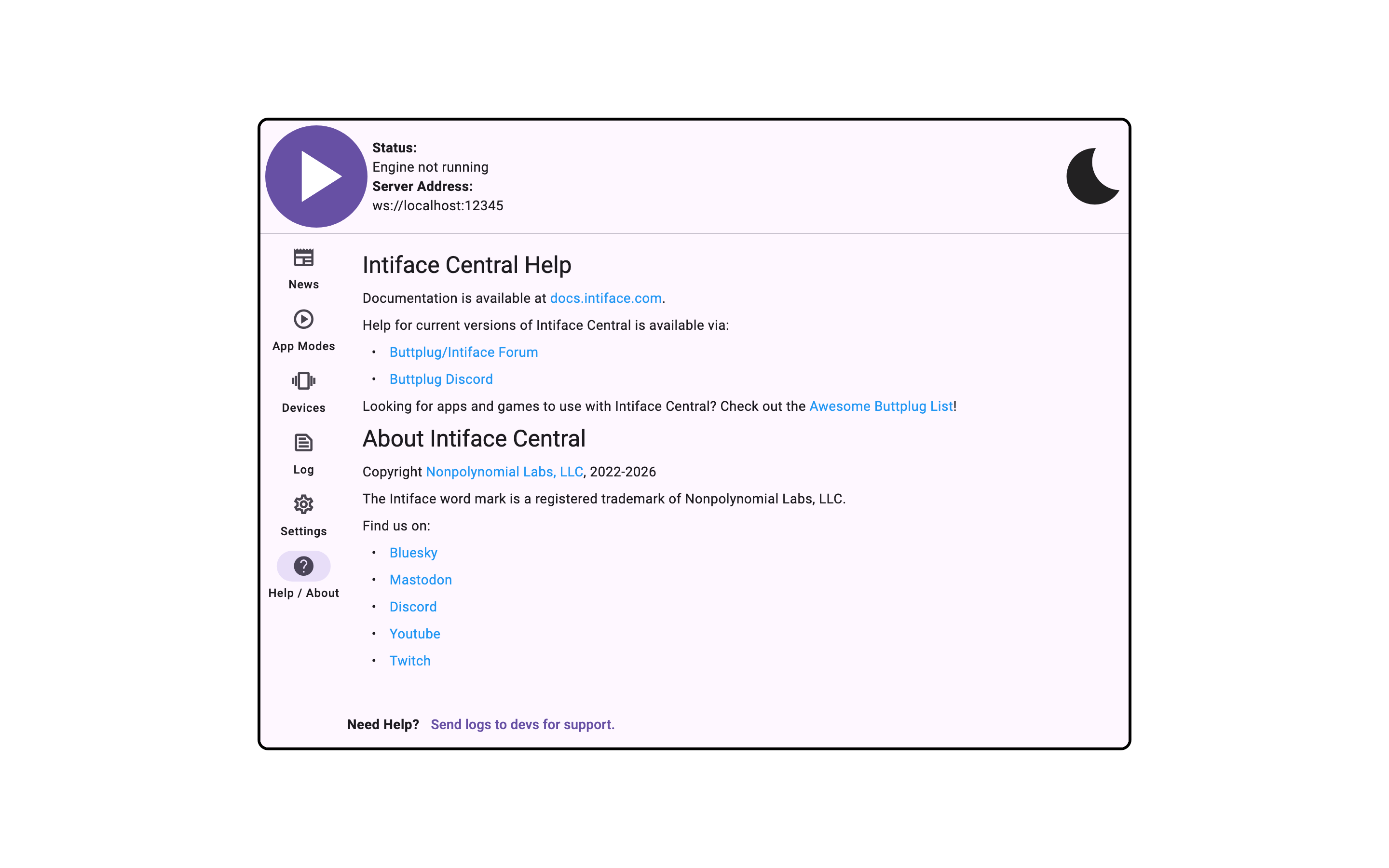 Intiface Central Desktop About/Help Panel