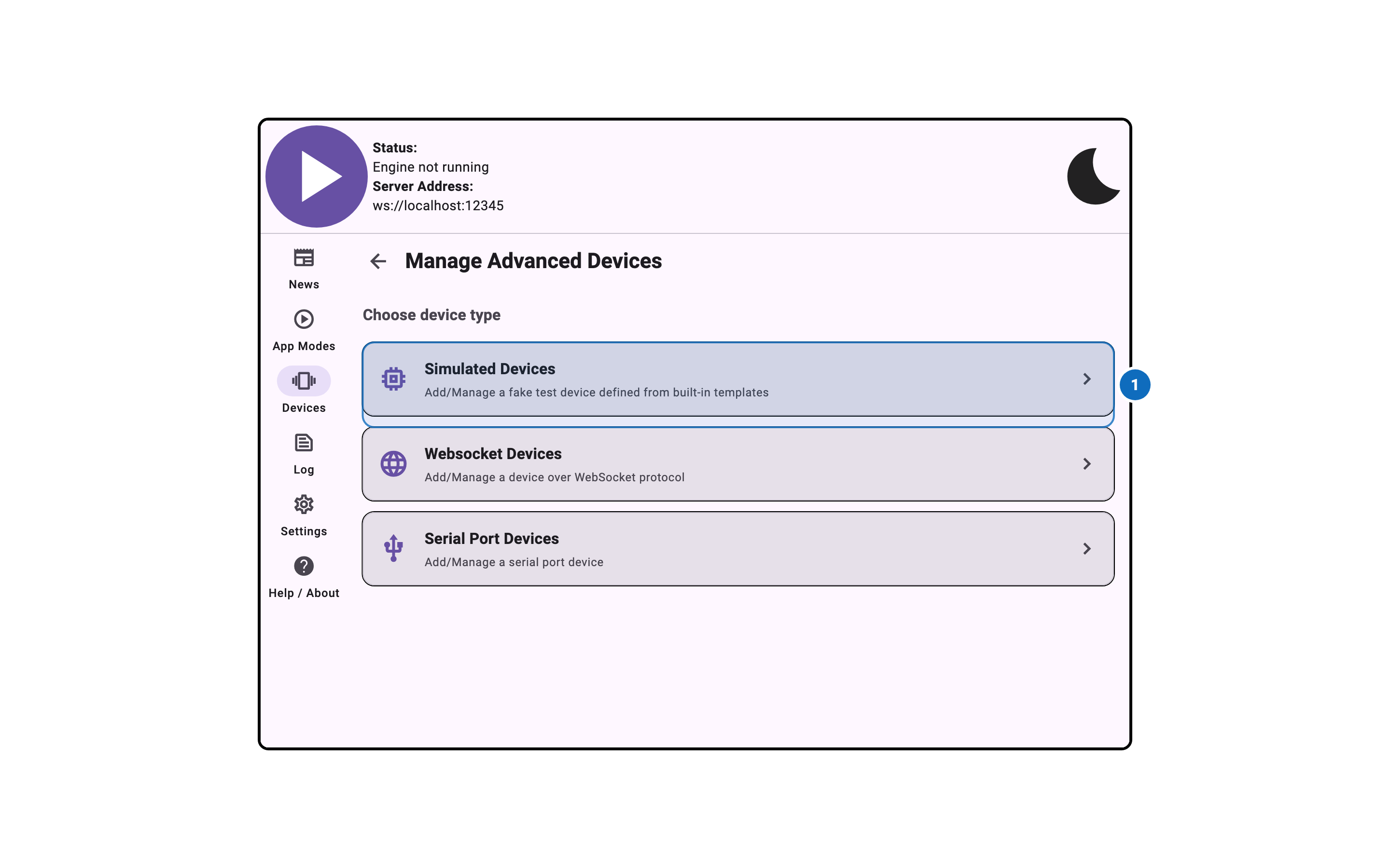 Intiface Central Desktop Advanced Device Management Window
