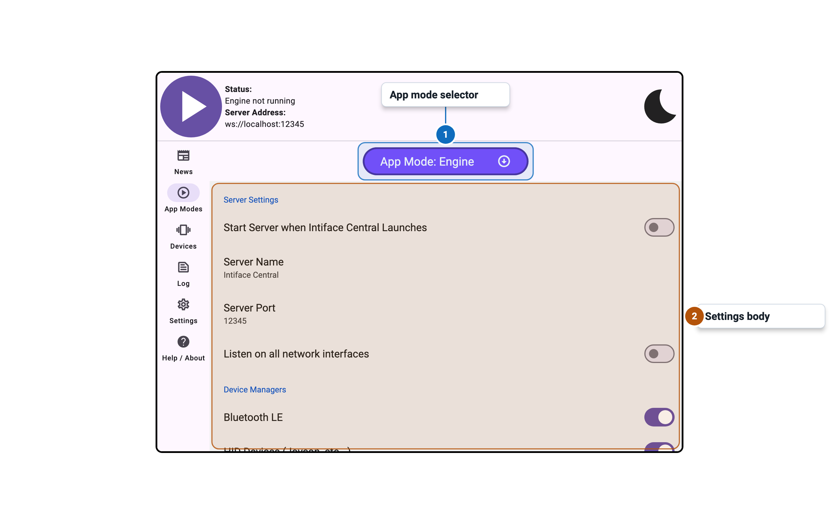 Intiface Central Desktop App Modes Tab