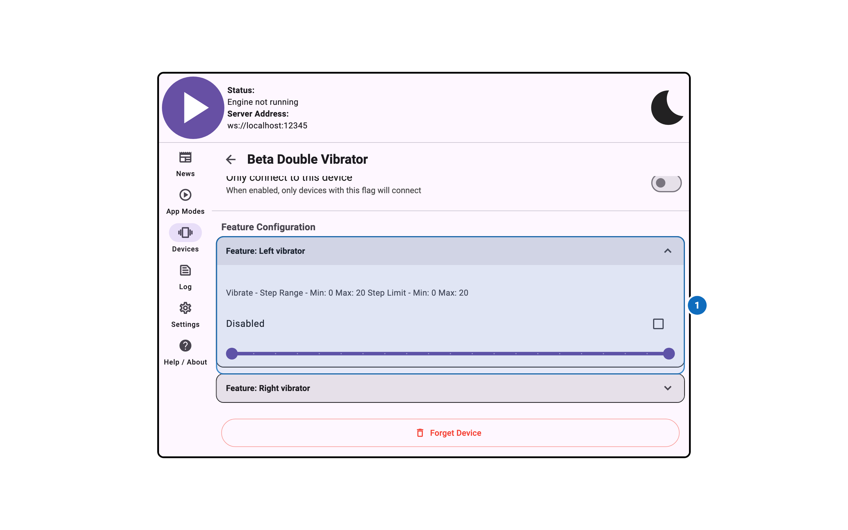 Intiface Central Desktop Device Feature Configuration Window