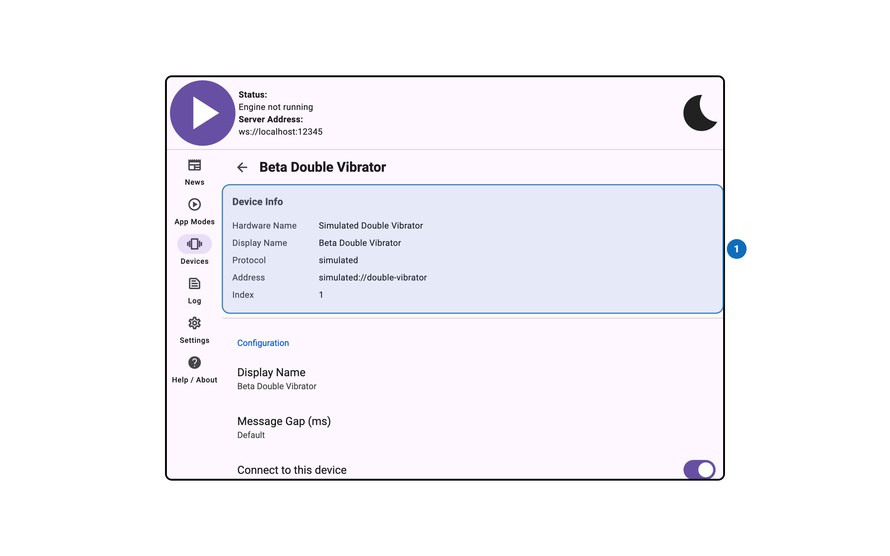 Intiface Central Desktop Device Info Window