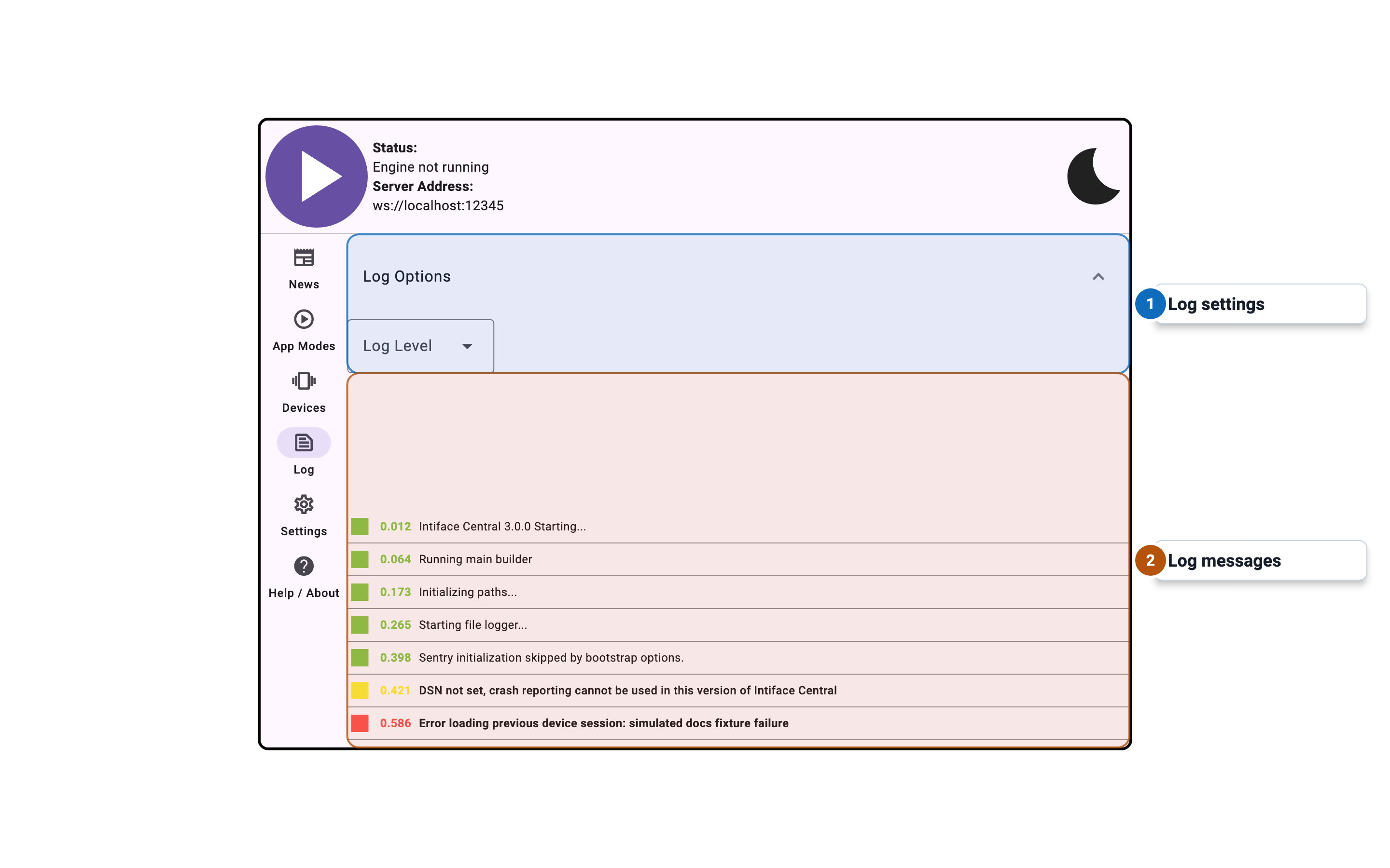Intiface Central Desktop Log Panel