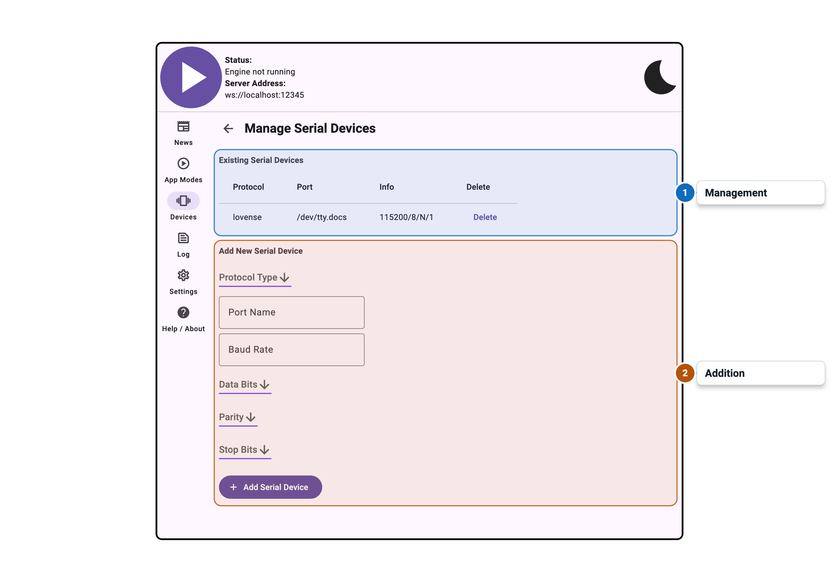 Intiface Central Desktop Serial Device Management Window