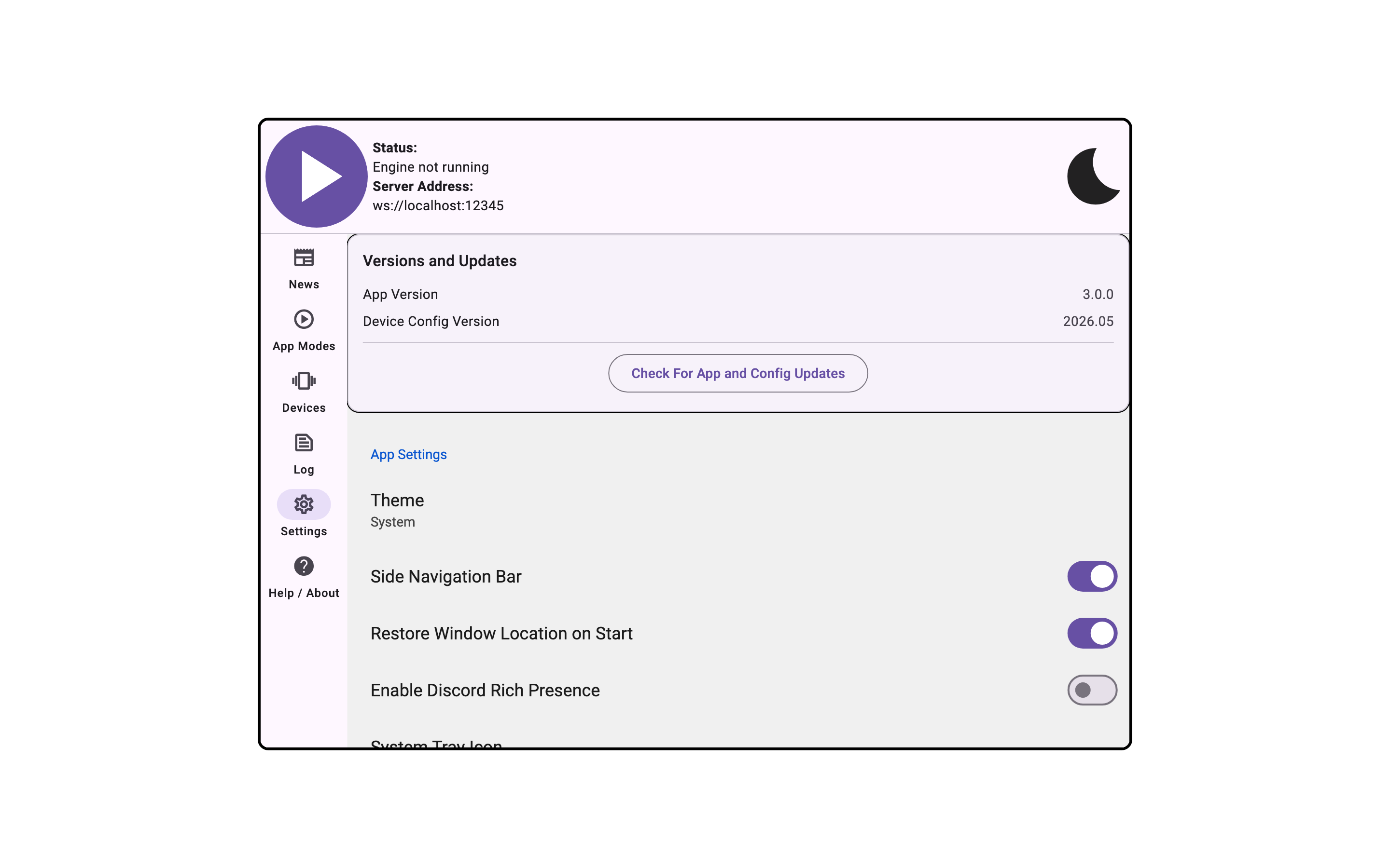 Intiface Central Desktop Settings Panel