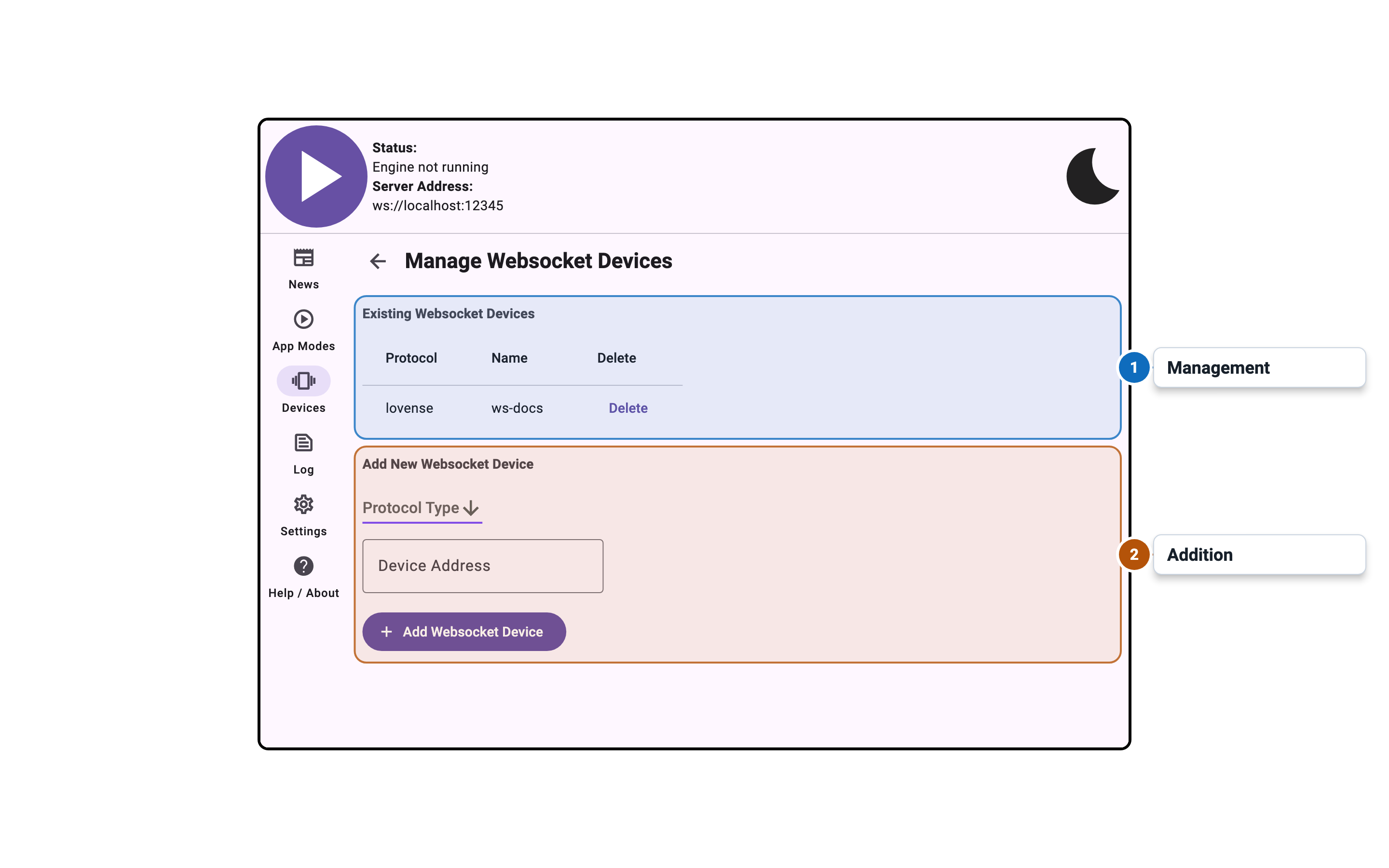Intiface Central Desktop WebSocket Device Management Window