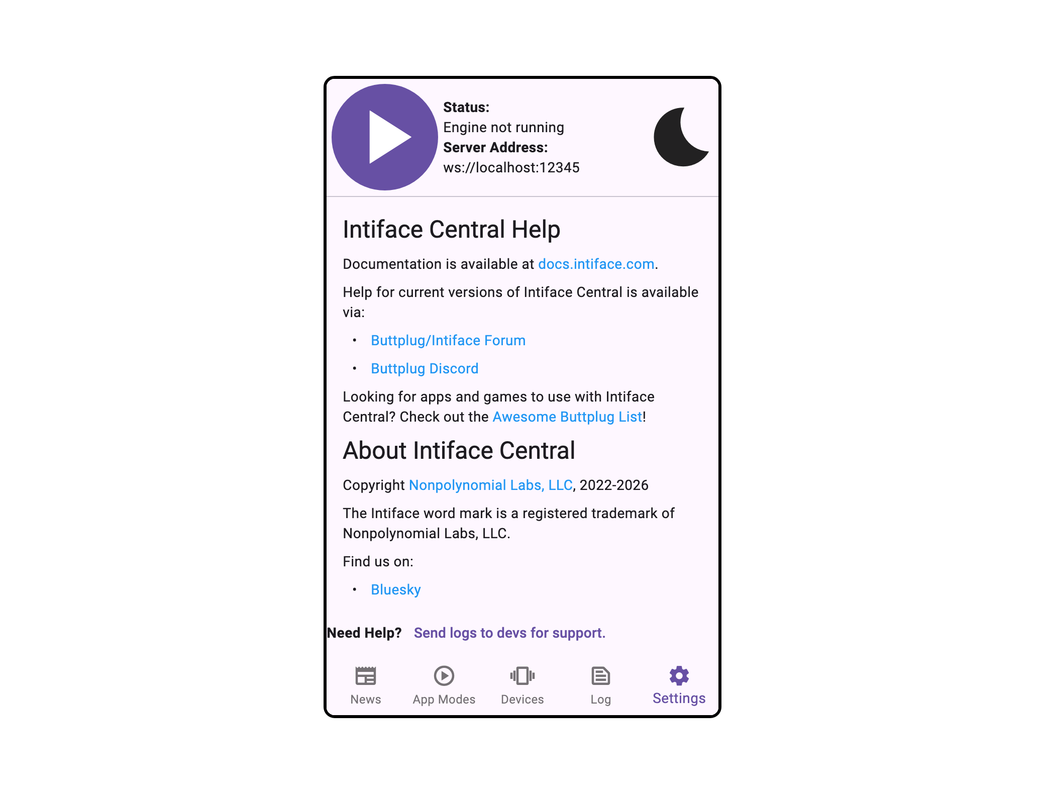 Intiface Central Mobile About/Help Panel