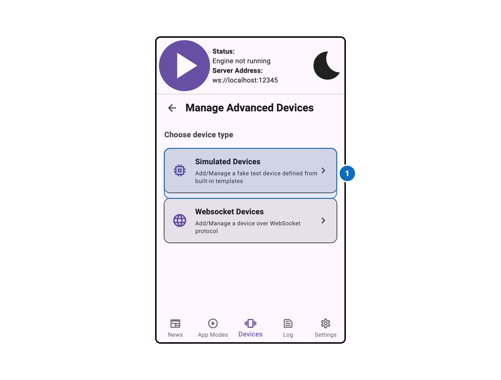 Intiface Central Mobile Advanced Device Management Window