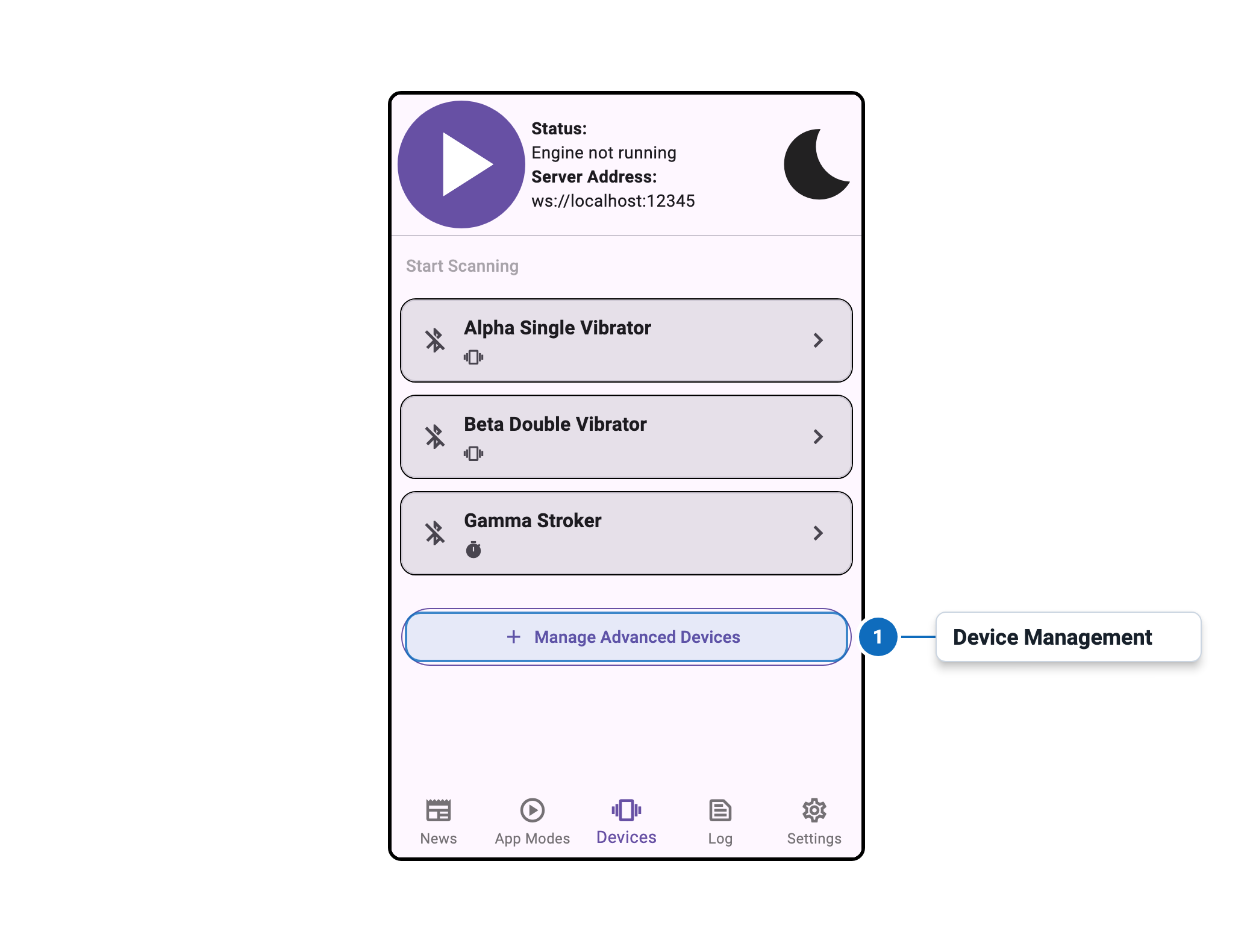 Intiface Central Mobile Advanced Device Entry Window