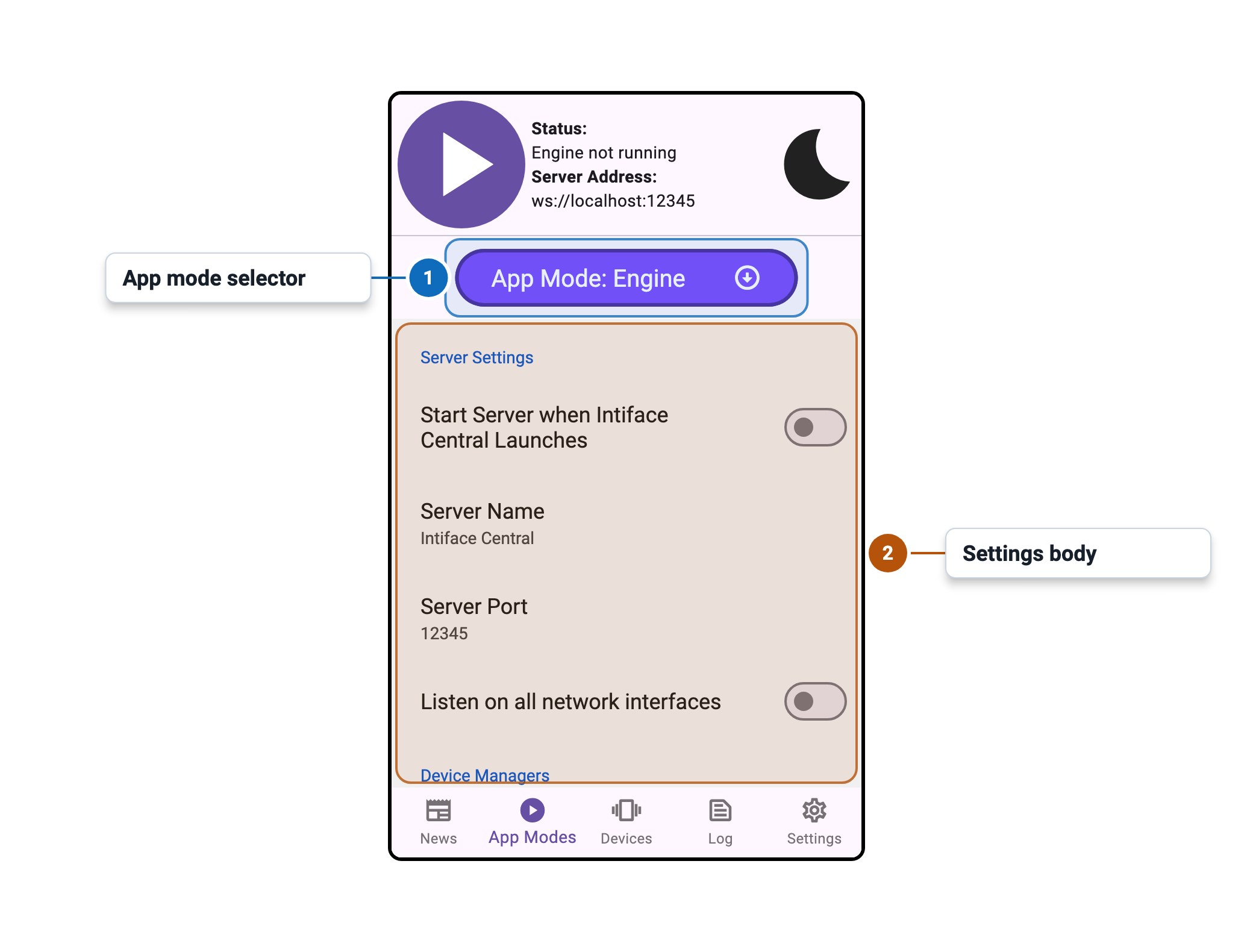Intiface Central Mobile App Modes Tab