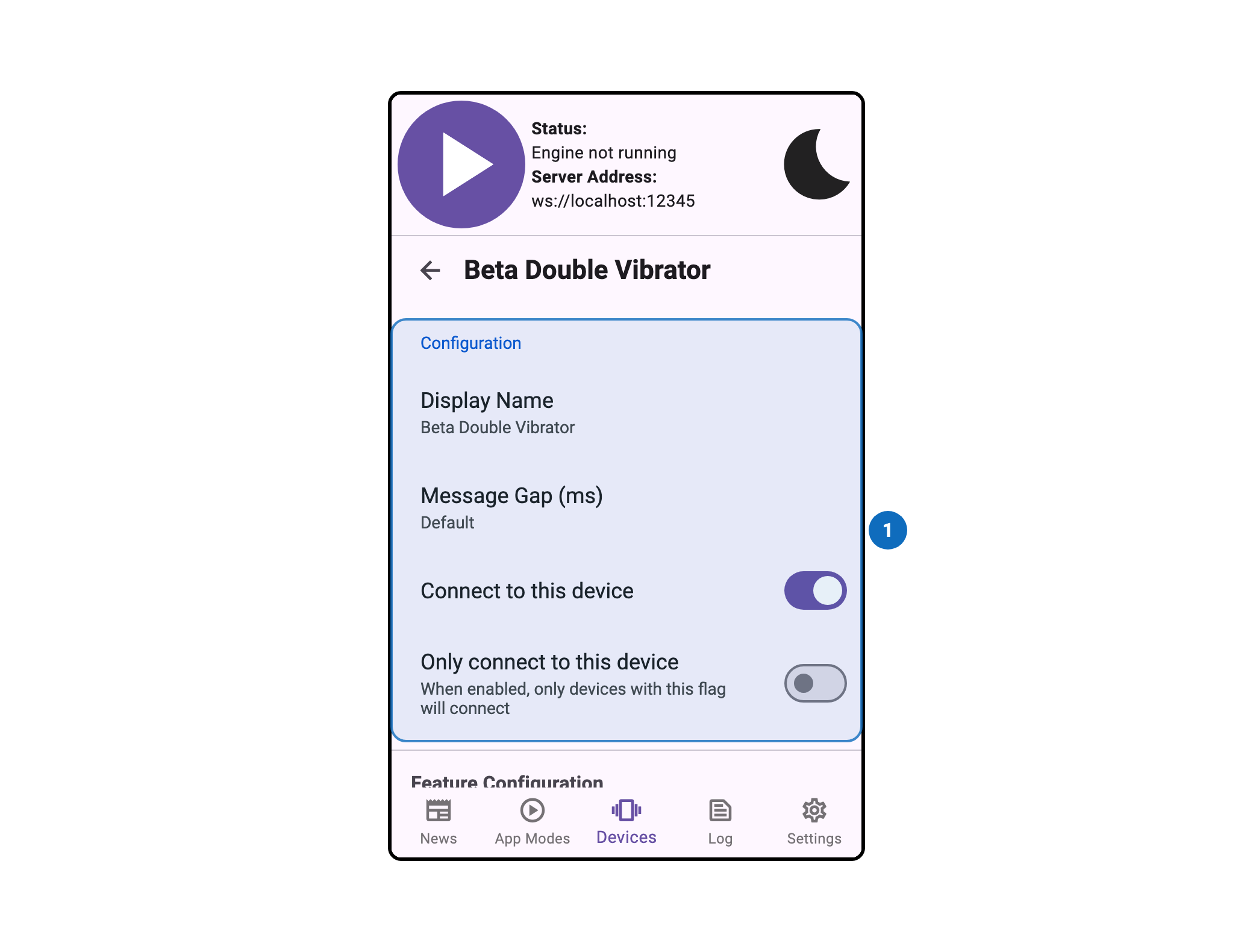 Intiface Central Mobile Device Configuration Window