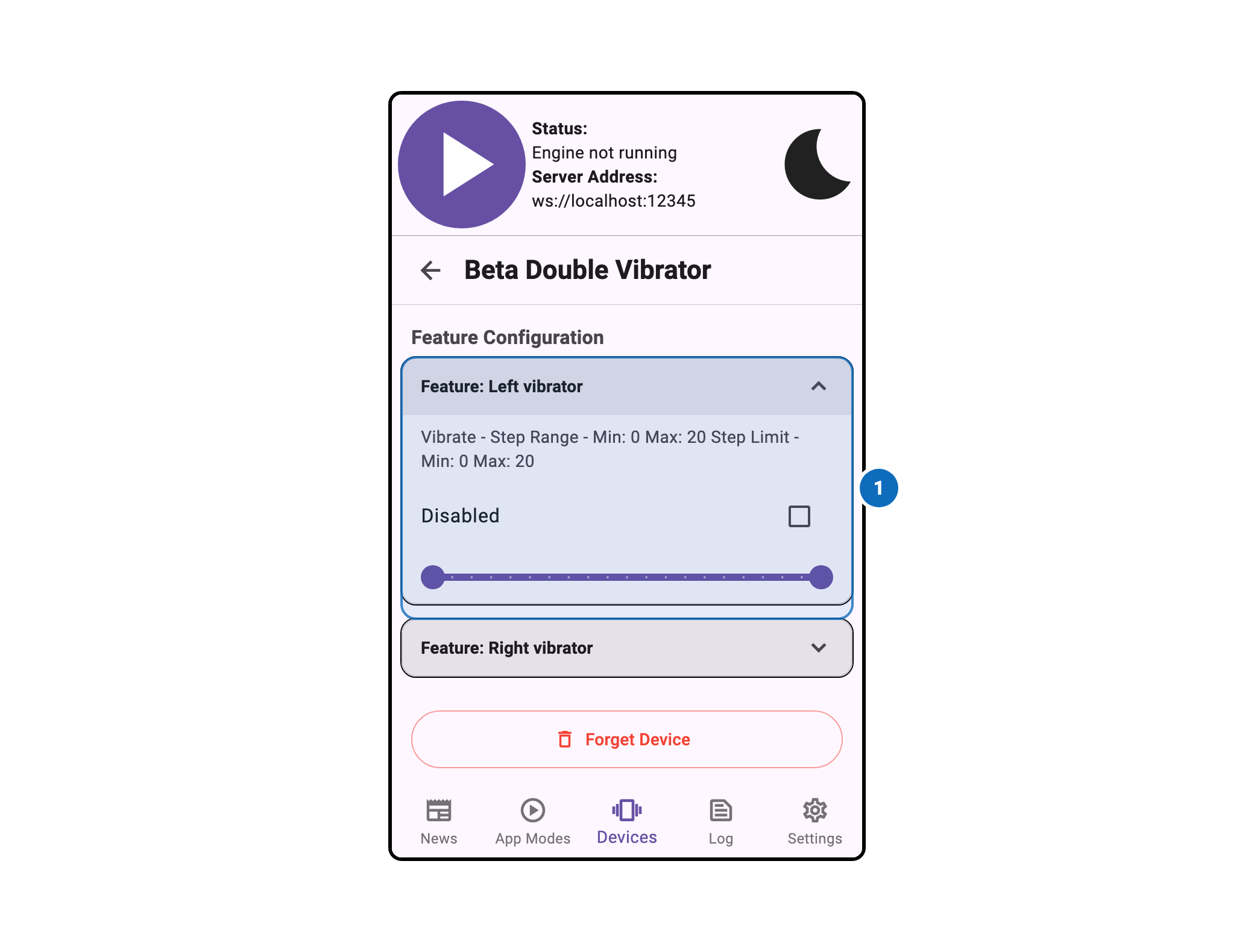 Intiface Central Mobile Device Feature Configuration Window
