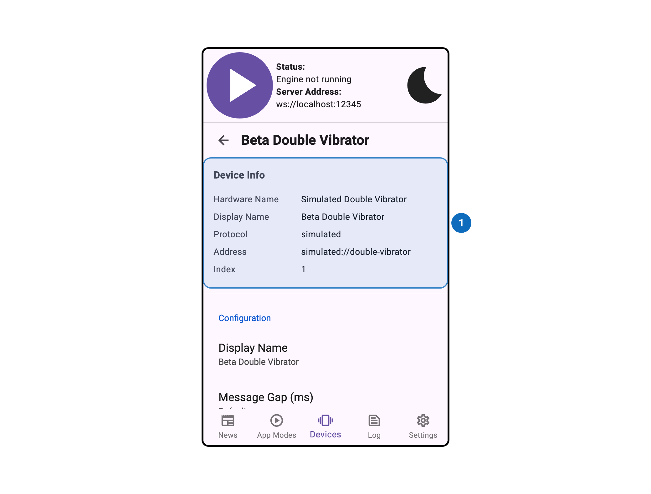 Intiface Central Mobile Device Info Window