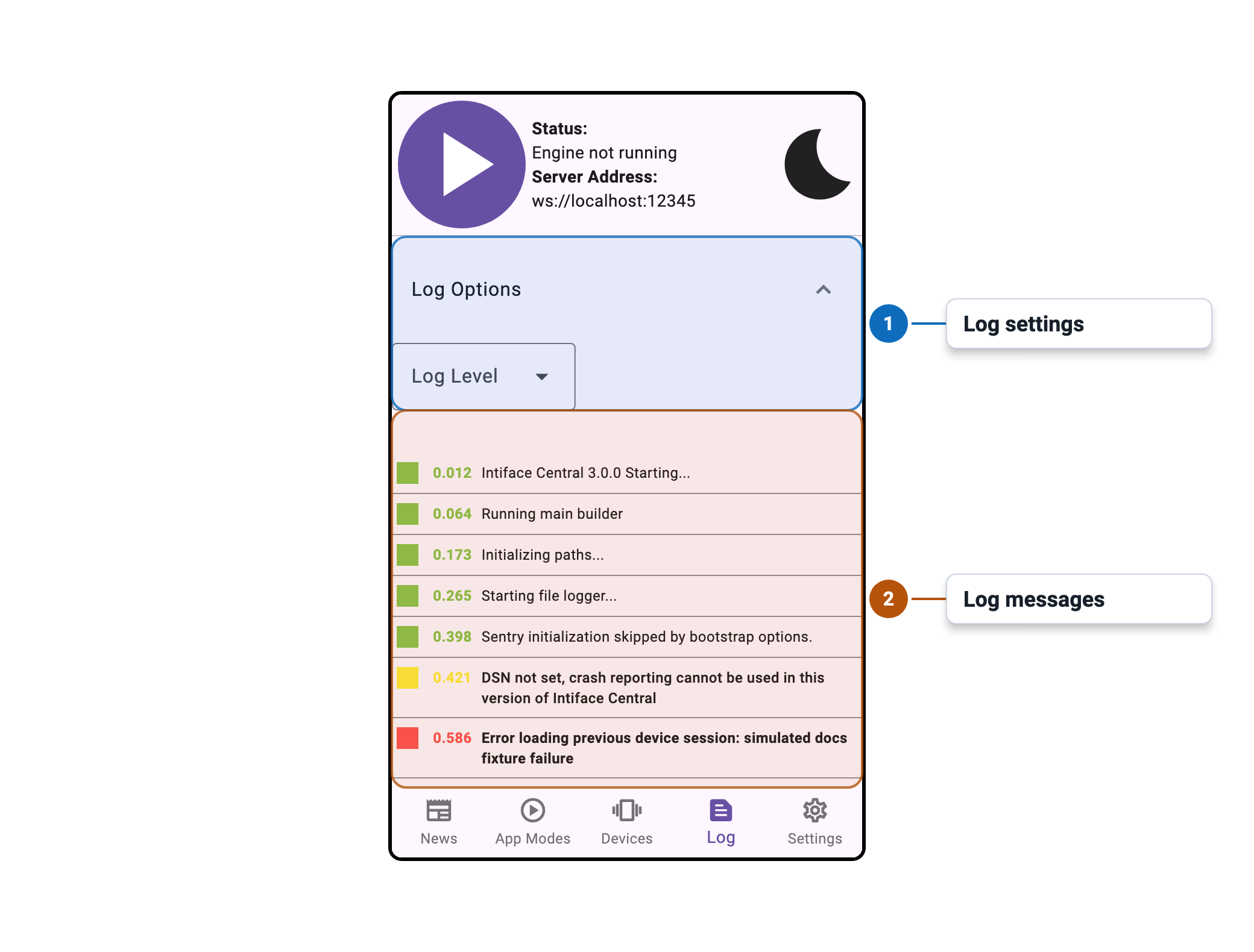 Intiface Central Mobile Log Panel
