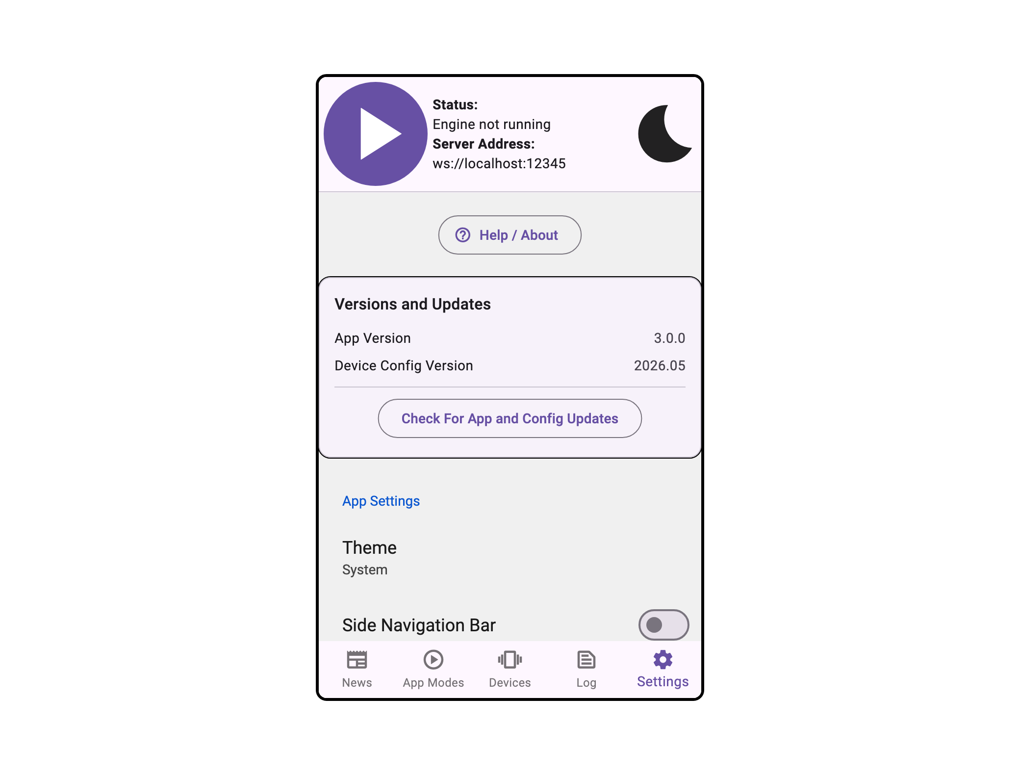 Intiface Central Mobile Settings Panel