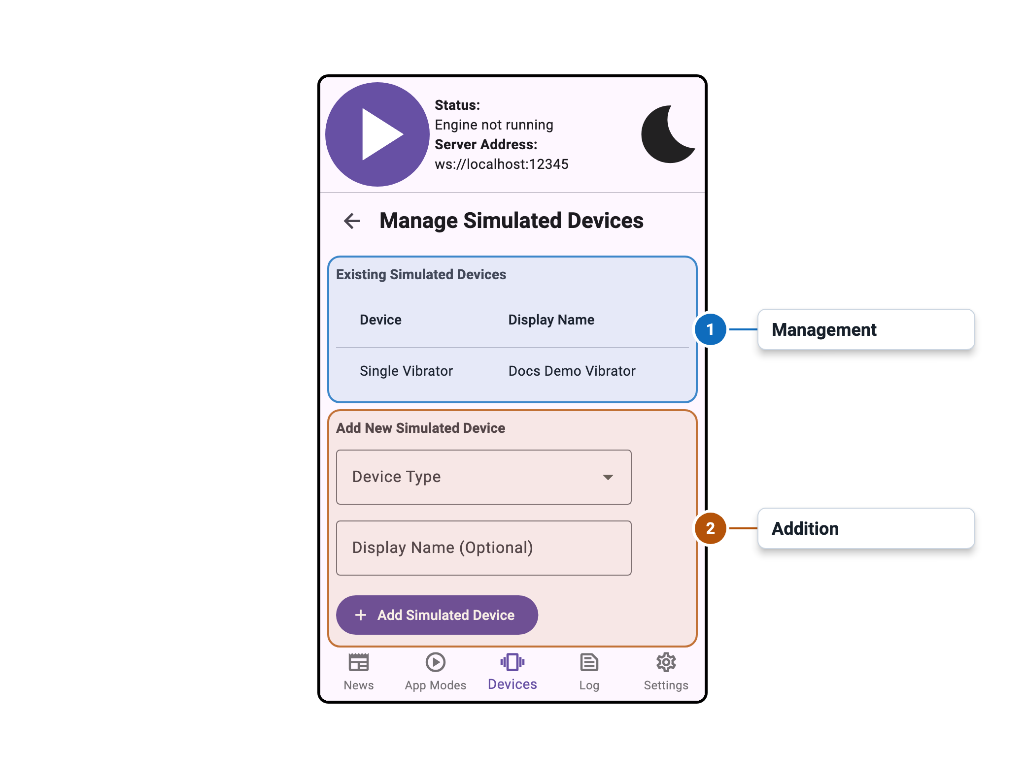 Intiface Central Mobile Simulated Device Management Window