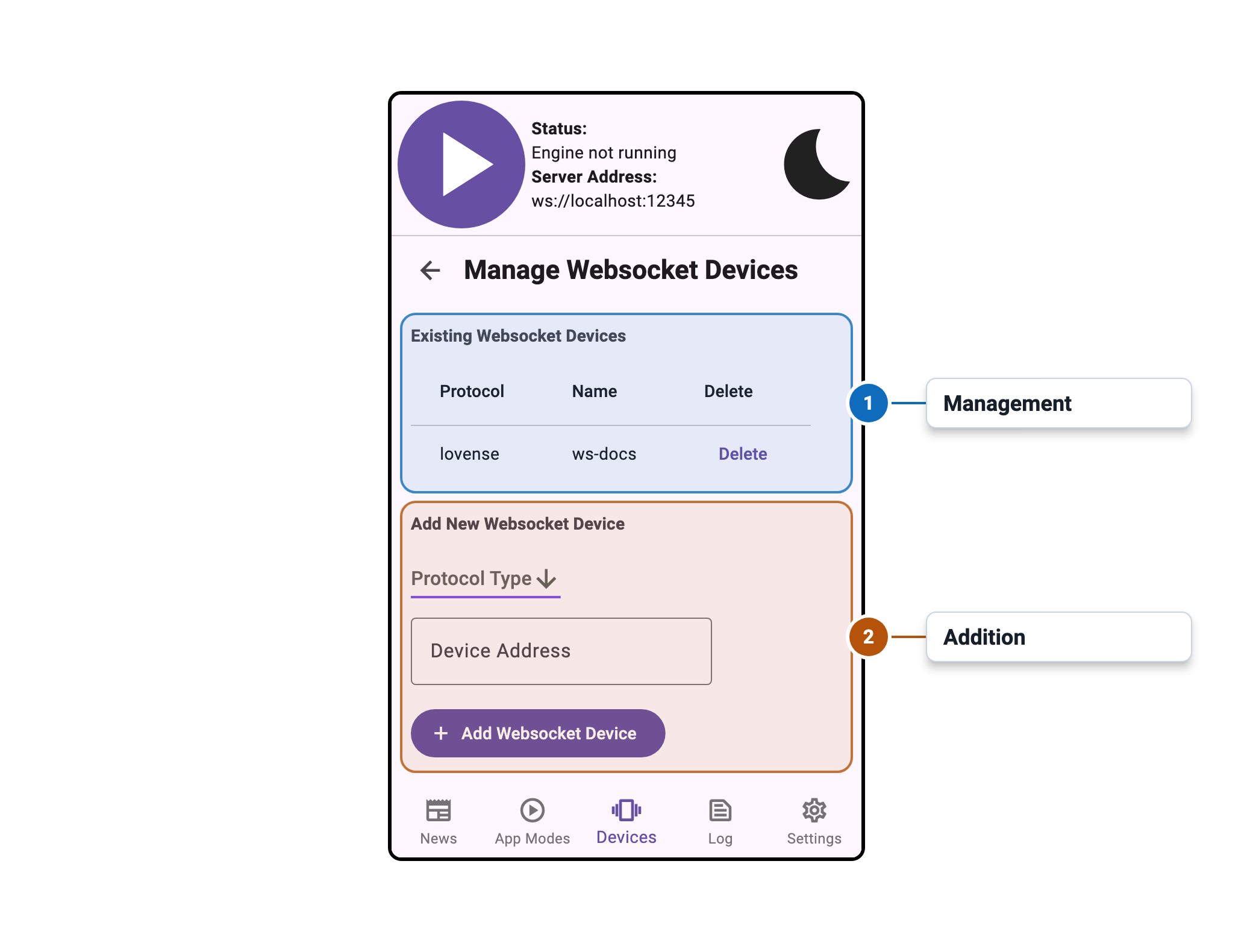 Intiface Central Mobile WebSocket Device Management Window